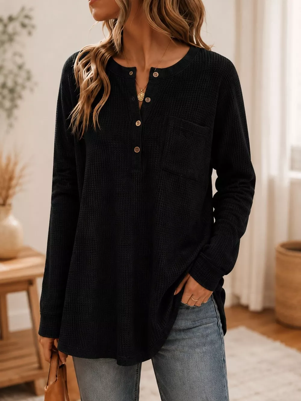 Waffle Knit Button Detail Top, image 3