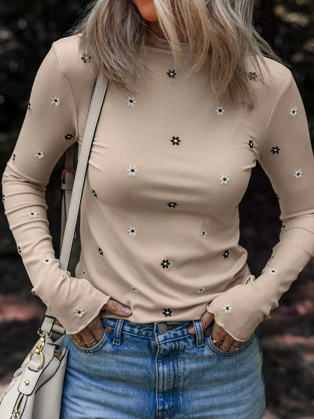 Floral Embroidered Detail Ribbed Long Sleeve Top, image 3