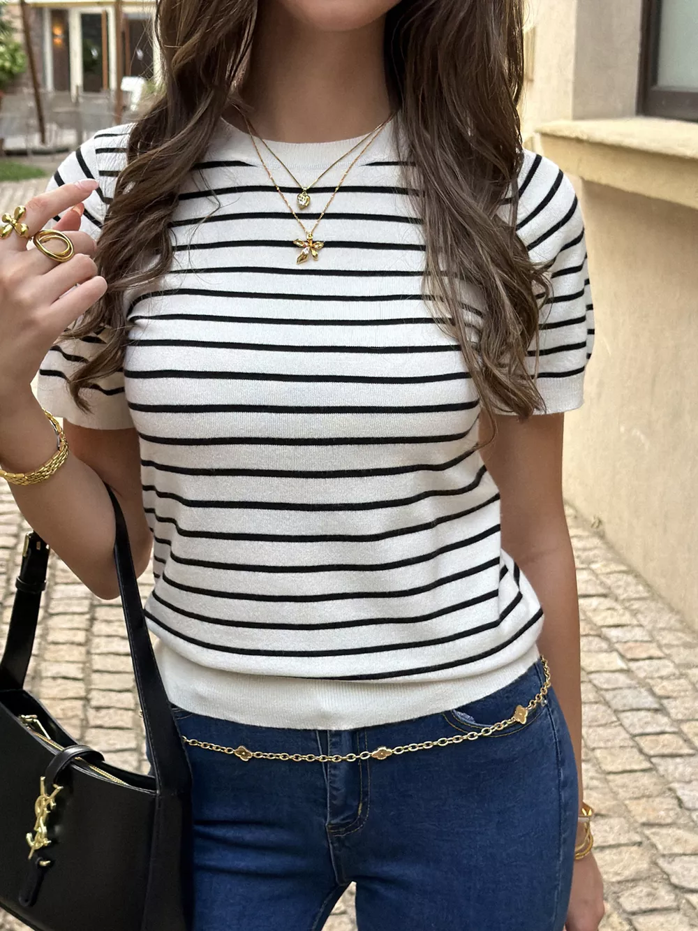 Striped Short-Sleeve Knit Top, image 4