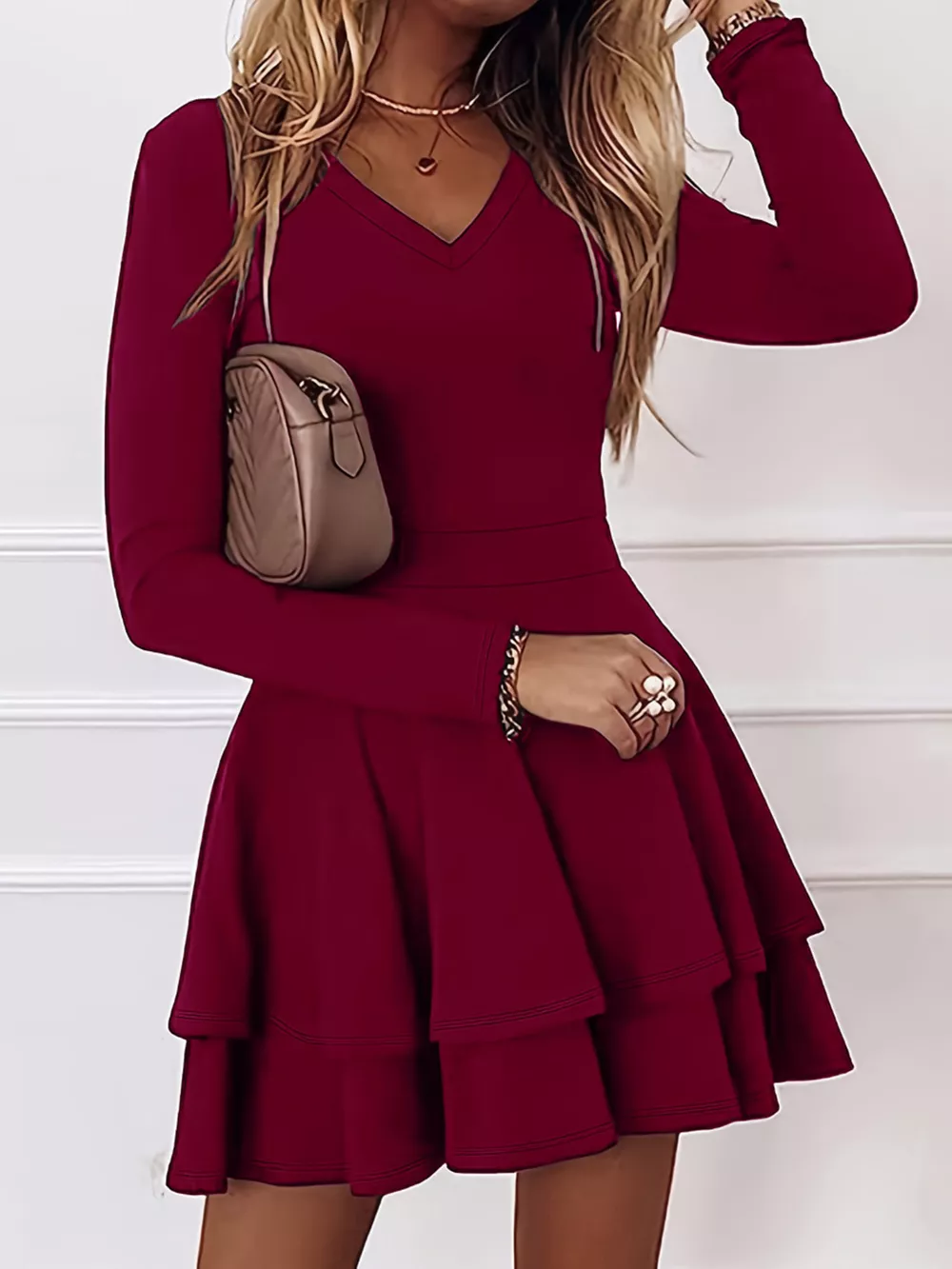 V-Neck Long Sleeve Layered Ruffle Mini Dress, image 4