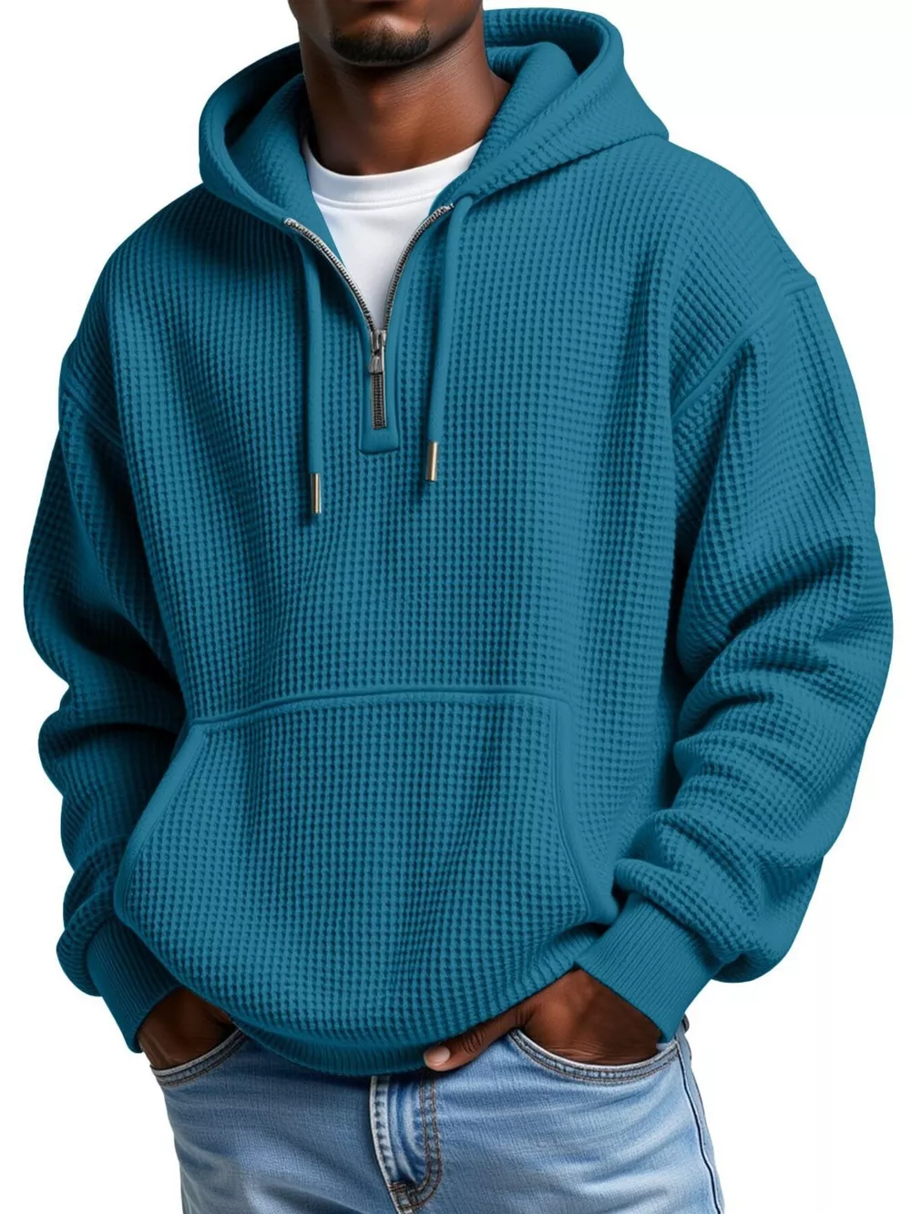 Men's Full Size Textured Waffle Knit Half-Zip Hoodie Plus Size, image 5