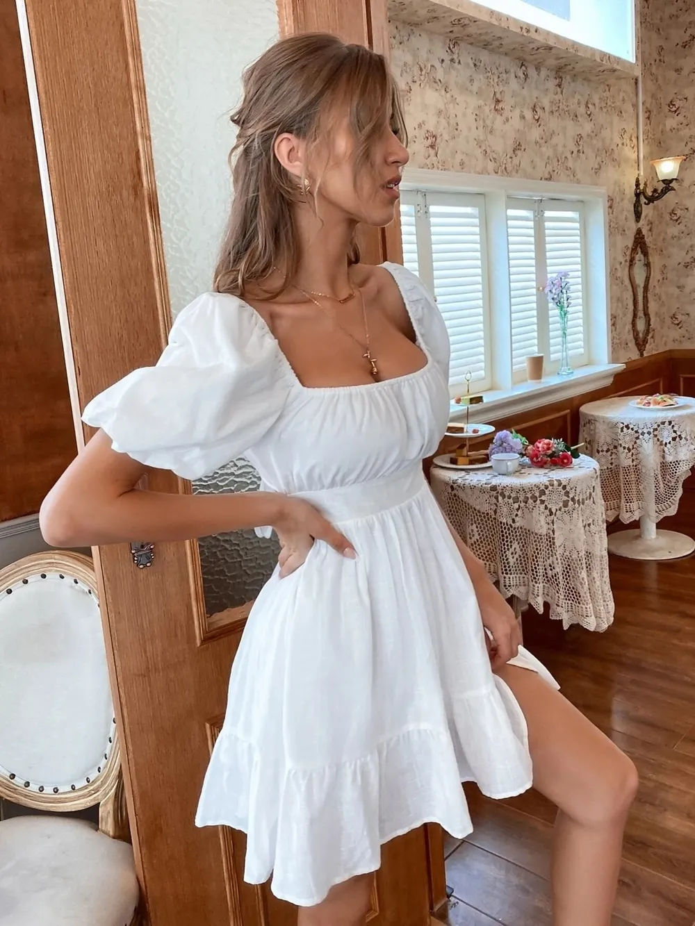 Square Neck Puff Sleeve Mini Dress, image 5