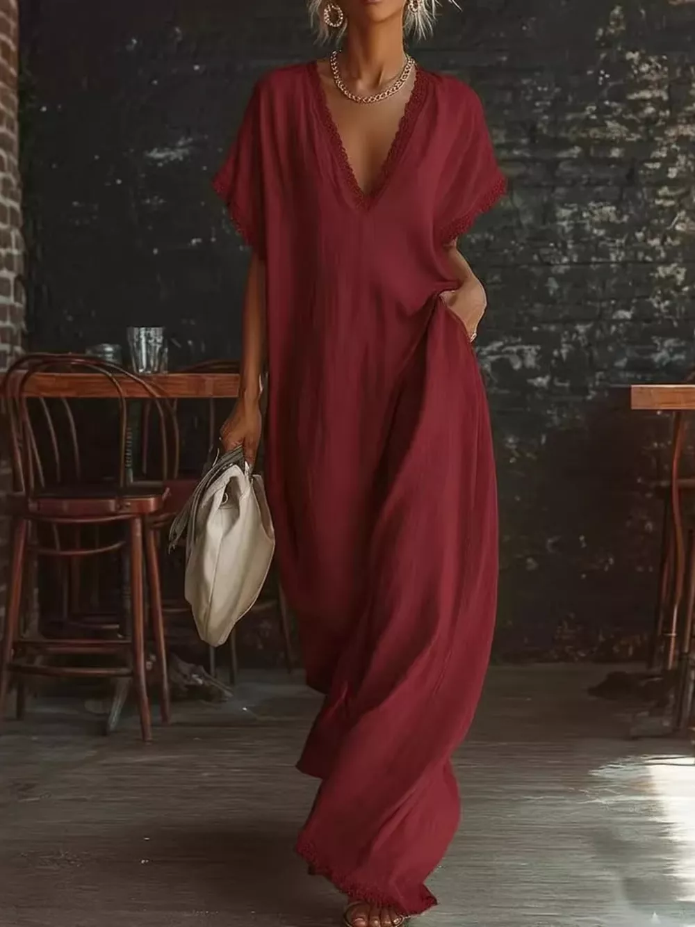 Full Size Lace Trim V-Neck Maxi Dress Plus Size, image 5