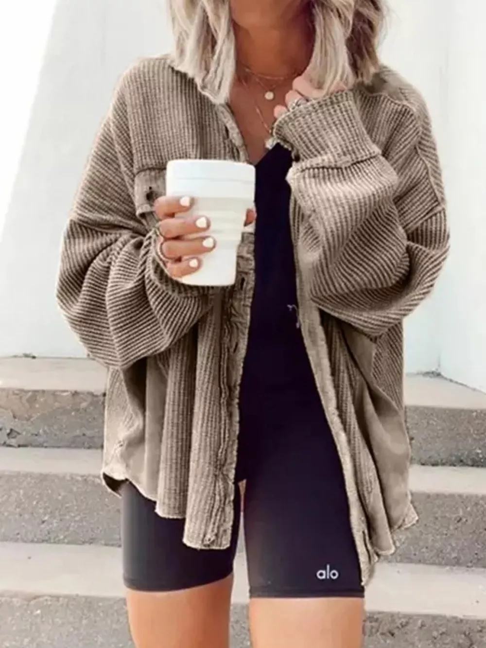 Oversized Waffle Knit Button-Up Jacket, image 14