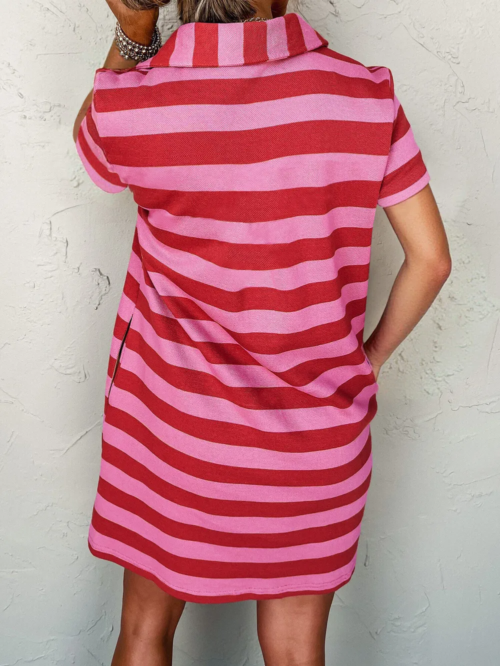 Striped Johnny Collar Short Sleeve Dress, image 2