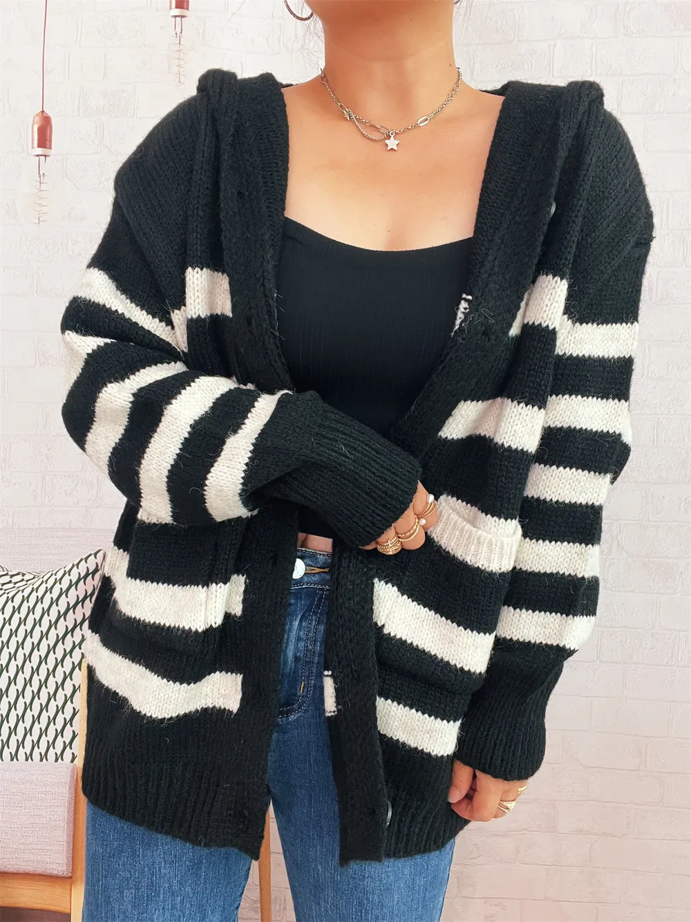Striped Button-Up Hooded Cardigan, image 9