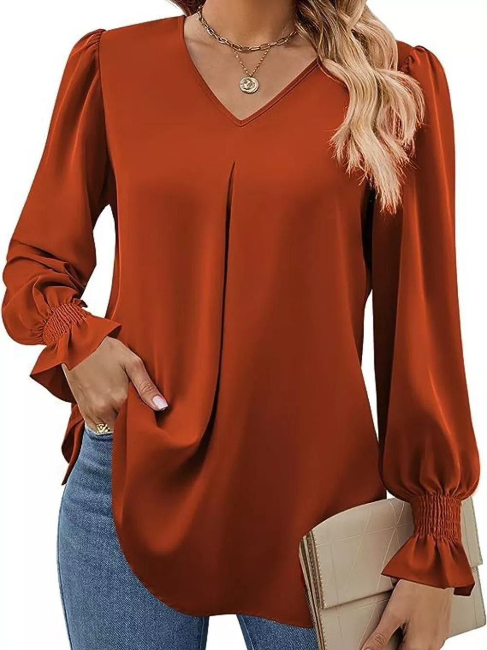 V-Neck Long Sleeve Ruffle Cuff Blouse, image 28