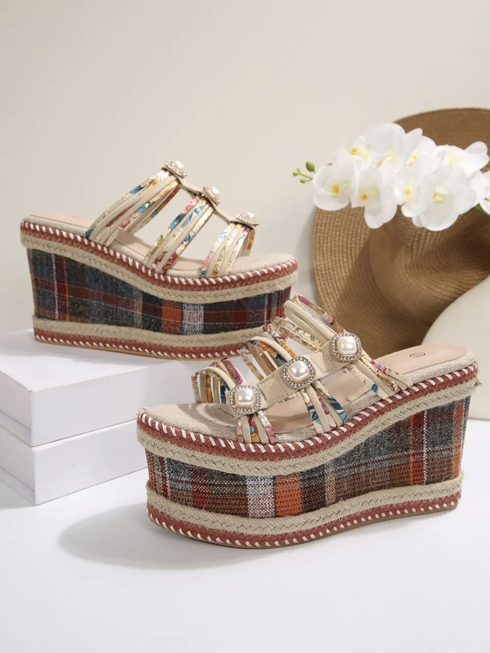 Plaid Platform Wedge Sandals, image 2