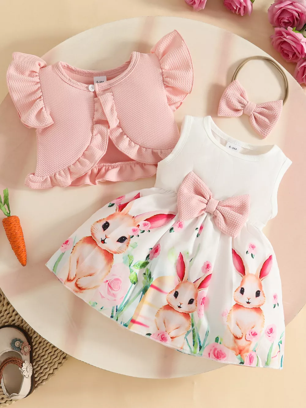 Children's Bunny Print Dress with Ruffle Cardigan & Headband Set