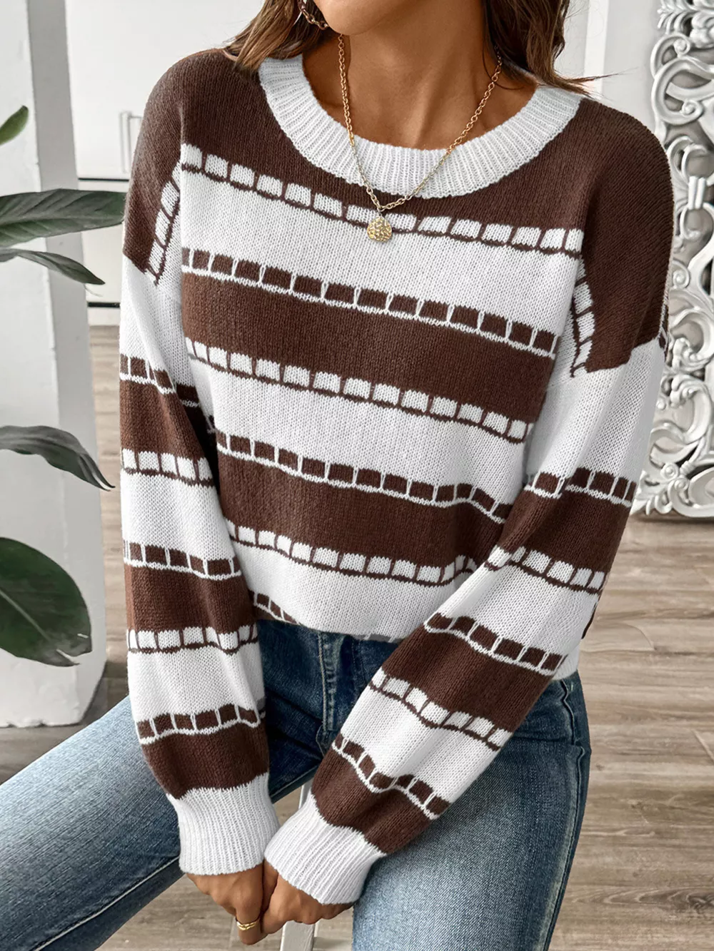 Striped Knit Dropped Shoulder Sweater, image 5