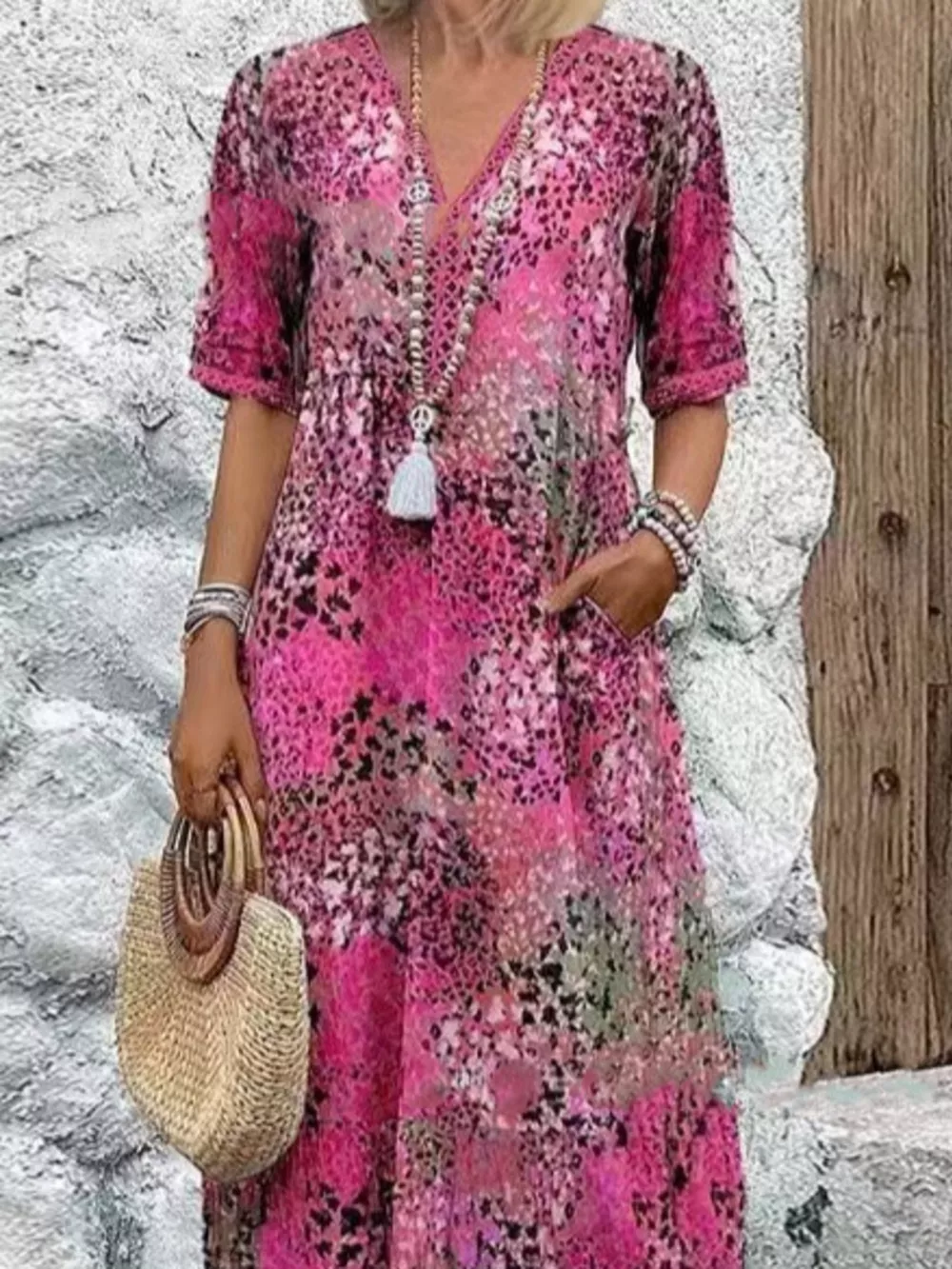 Full Size Printed V-Neck Half Sleeve Dress Plus Size, image 5