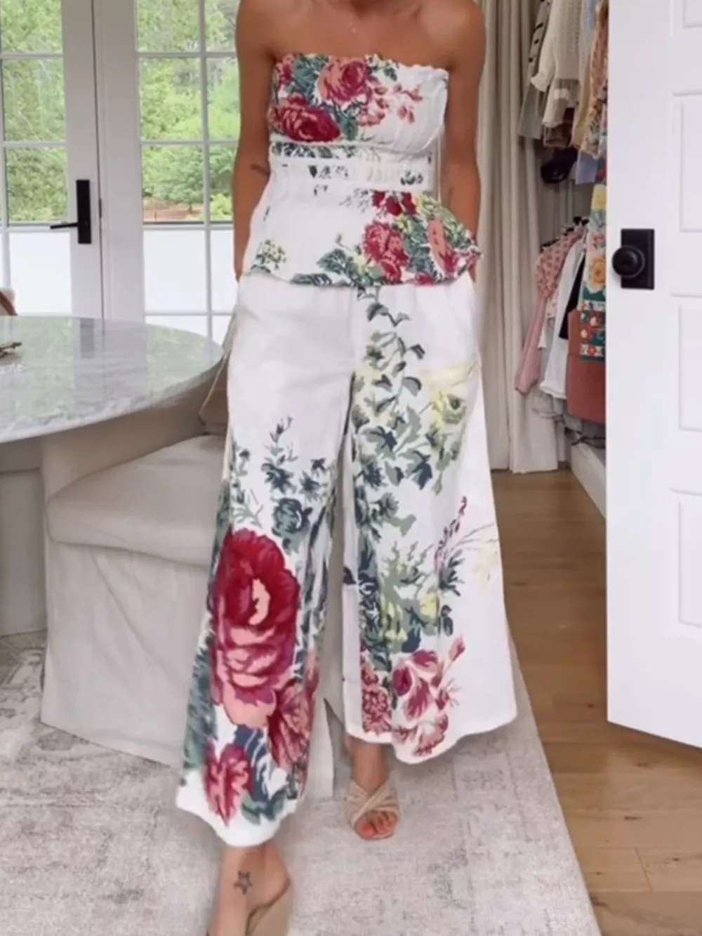 Floral Print Strapless Top and Wide-Leg Pants Set, image 5