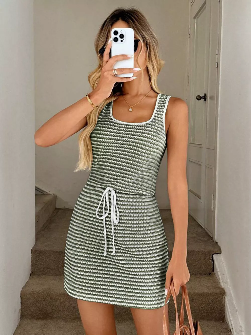 Striped Knitted Mini Dress with Drawstring, image 8