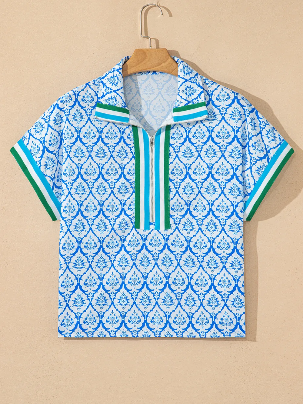 Western Print Zipped Collar Short Sleeve Summer Blouse Top, image 4