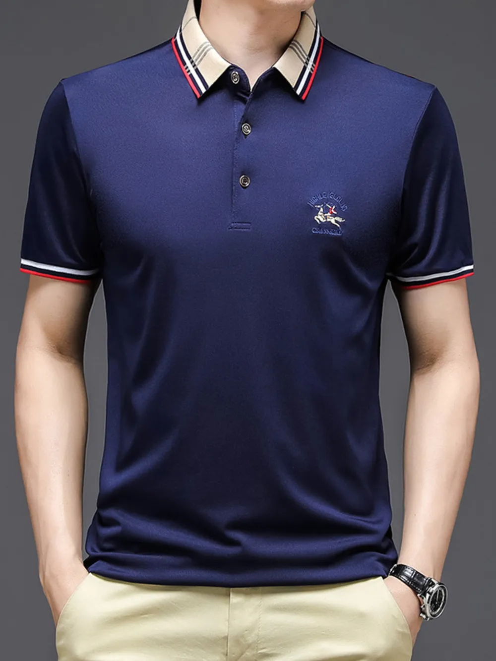 Men's Plus Size Striped Collar Short Sleeve Polo Shirt, image 4