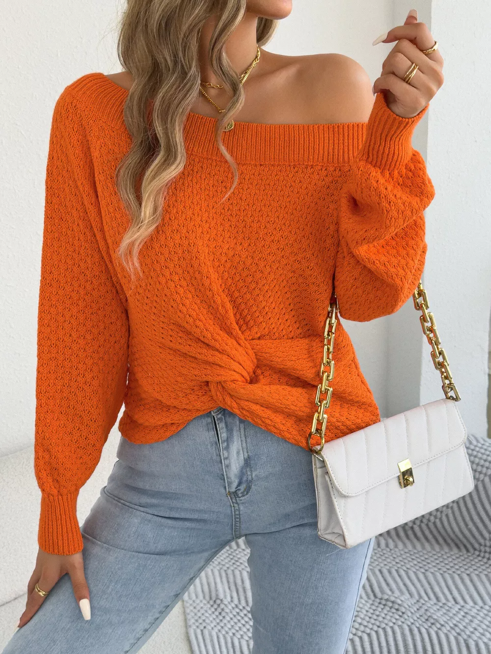 Off-Shoulder Twist Front Textured Knit Top, image 19