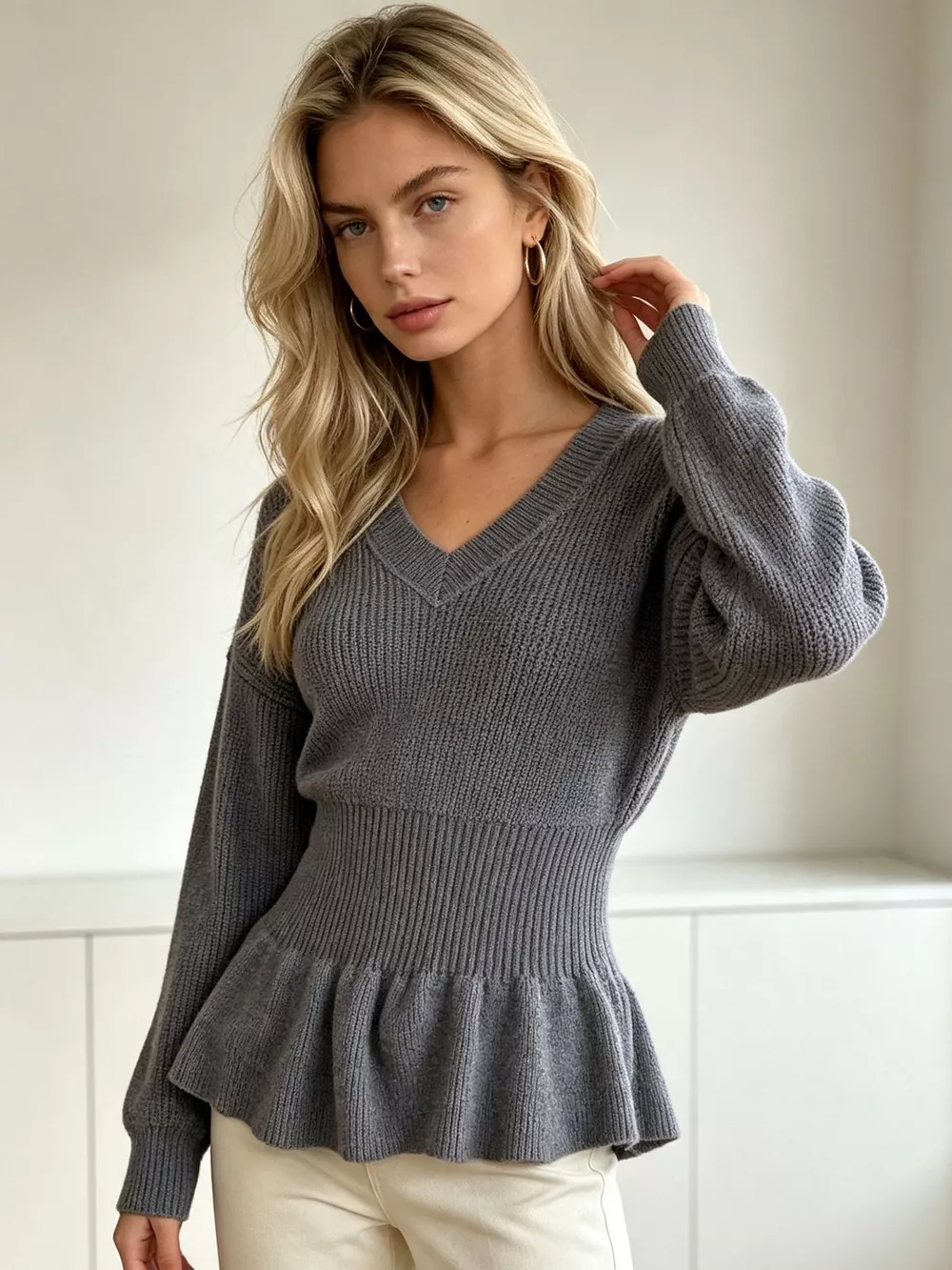 V-Neck Peplum Hem Ribbed Knit Top, image 23