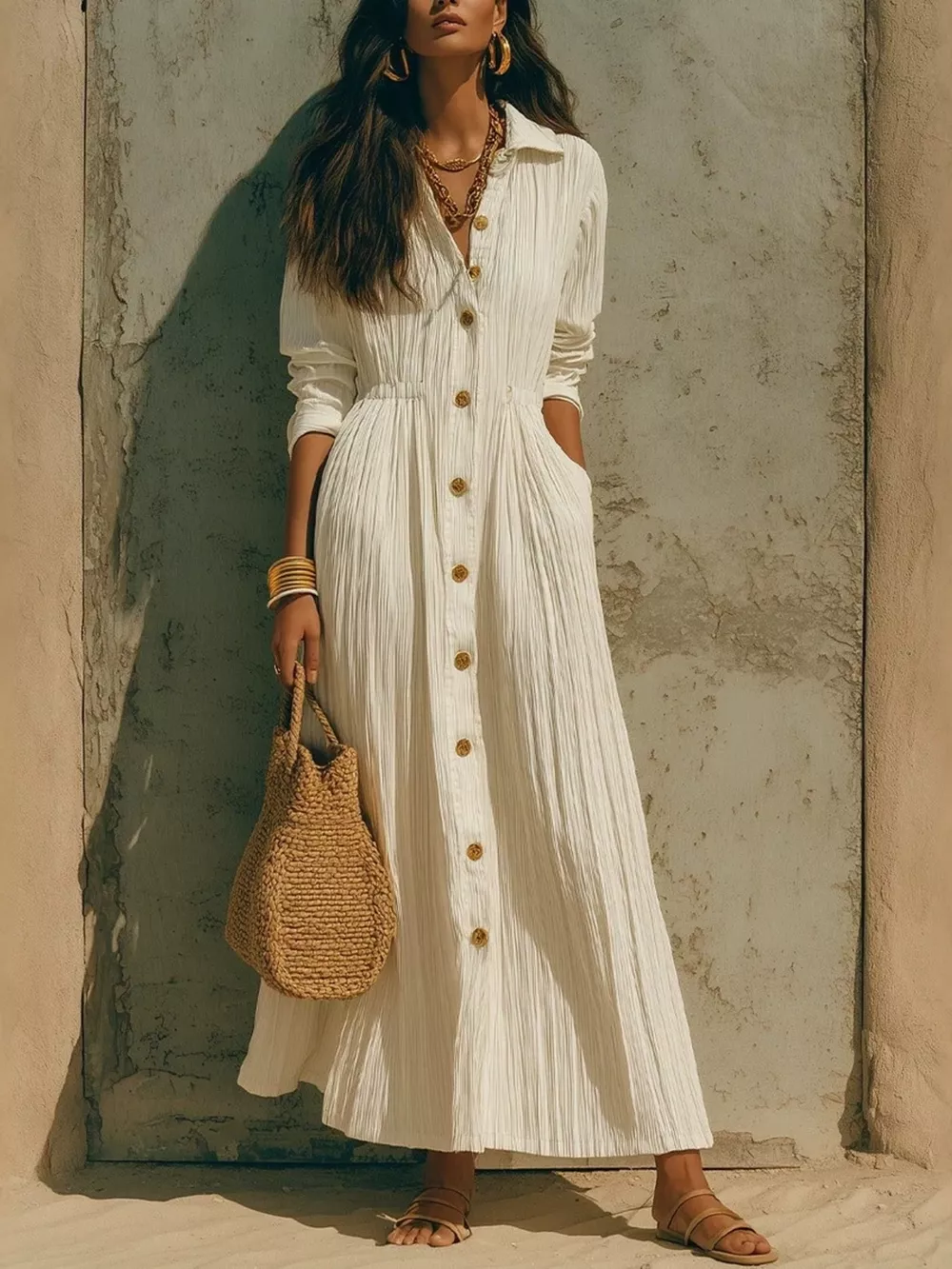 Full Size Textured Button Front Long Sleeve Maxi Dress Plus Size, image 8