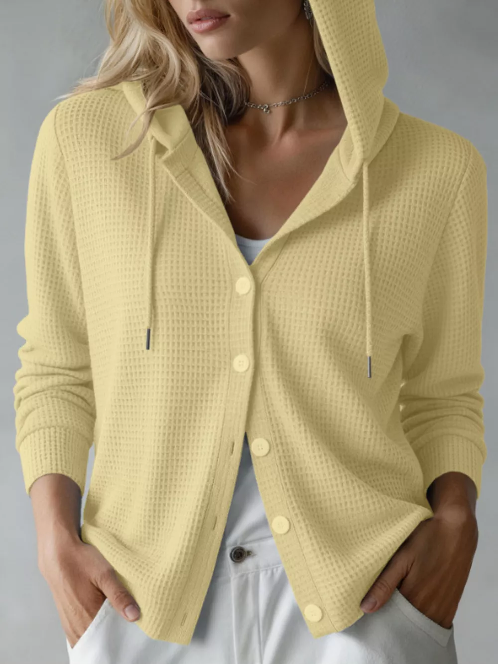 Waffle Knit Button-Down Hooded Cardigan, image 11