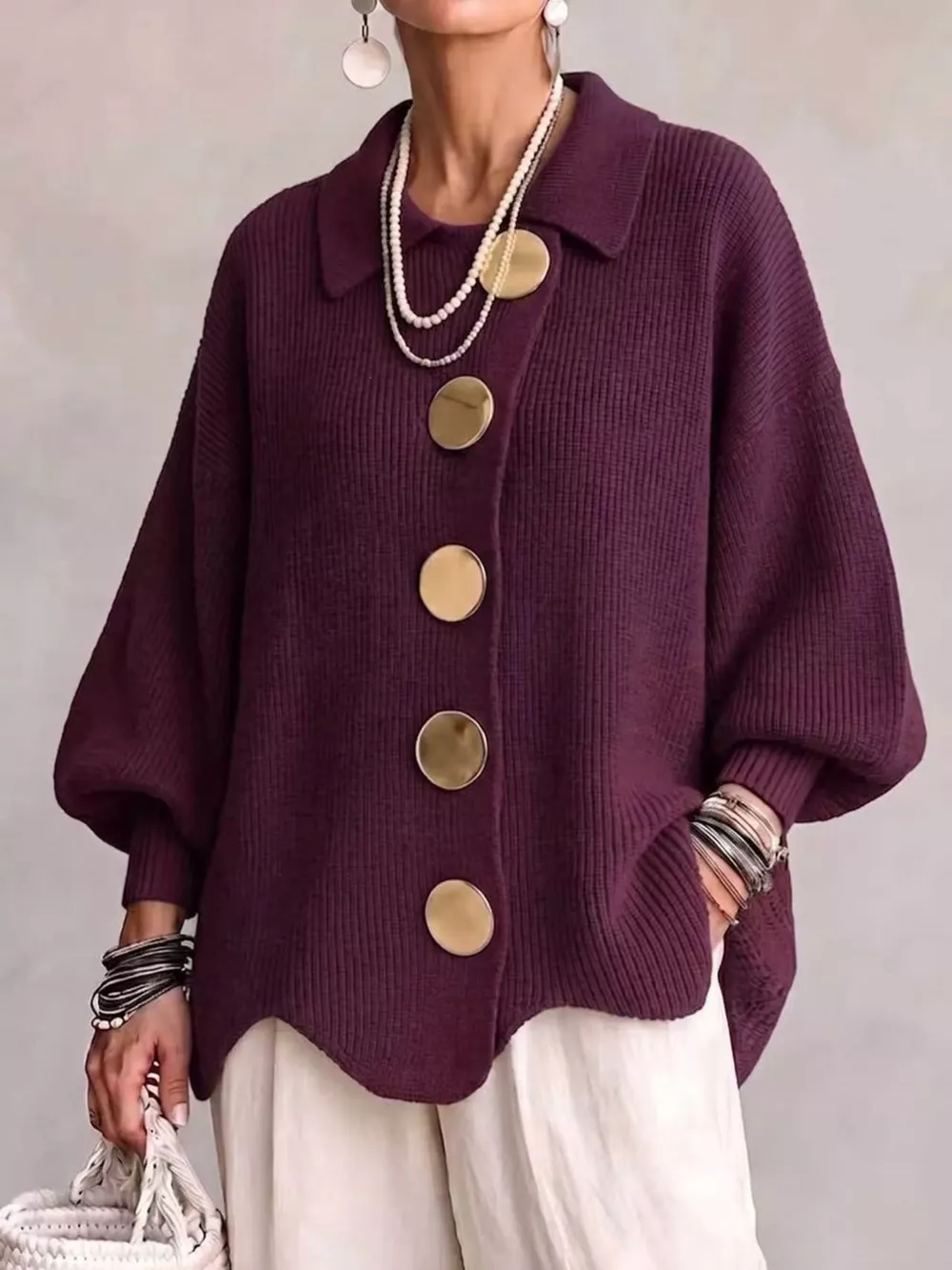 Full Size Ribbed Knit Gold Buttons Cardigan Plus Size, image 13