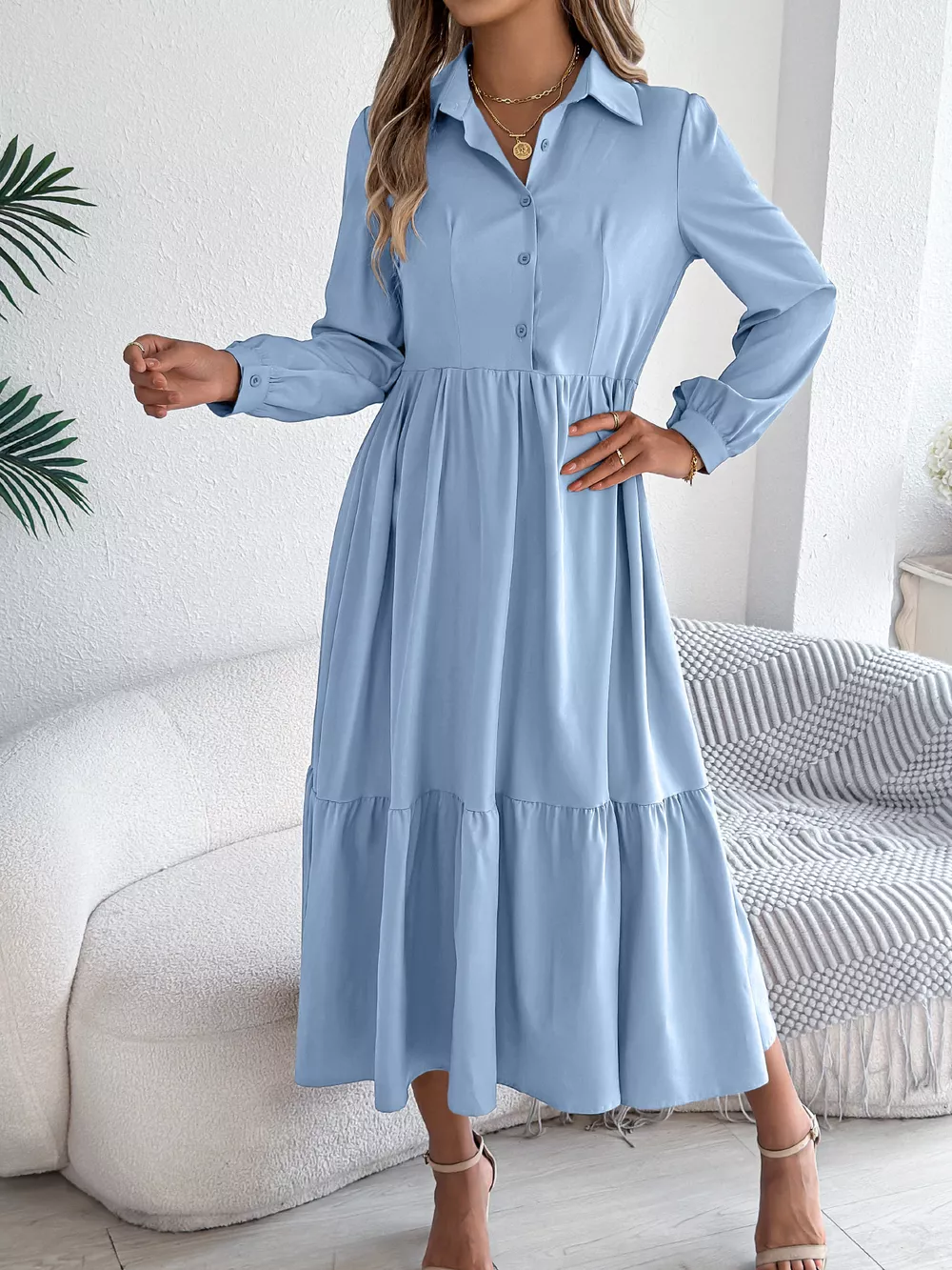 Long Sleeve Tiered Button Front Midi Dress, image 8