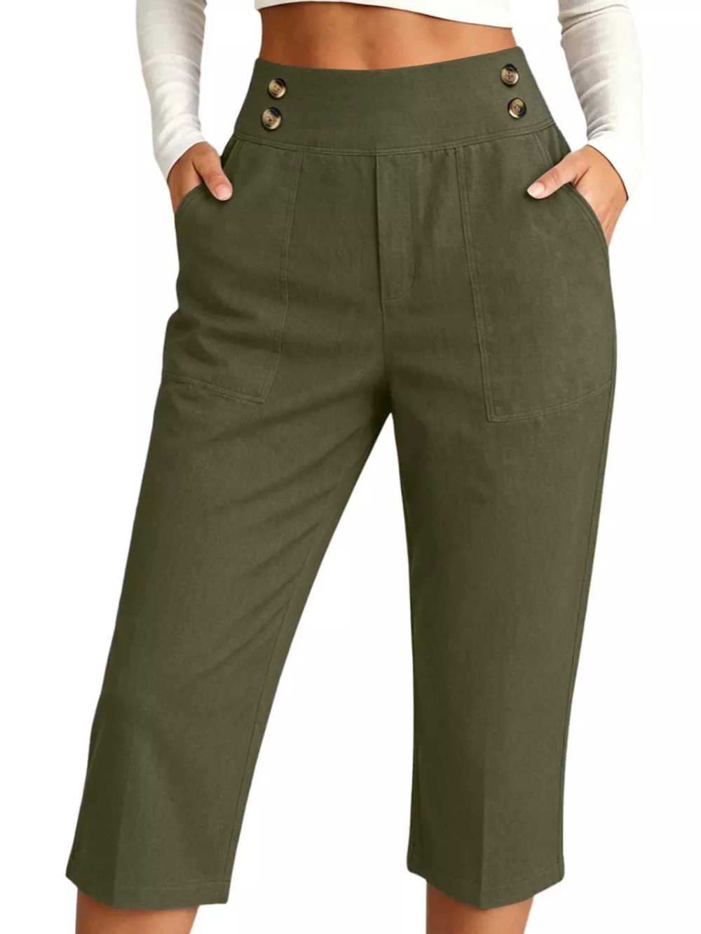 Full Size High-Waisted Button-Detail Cropped Pants Plus Size, image 5