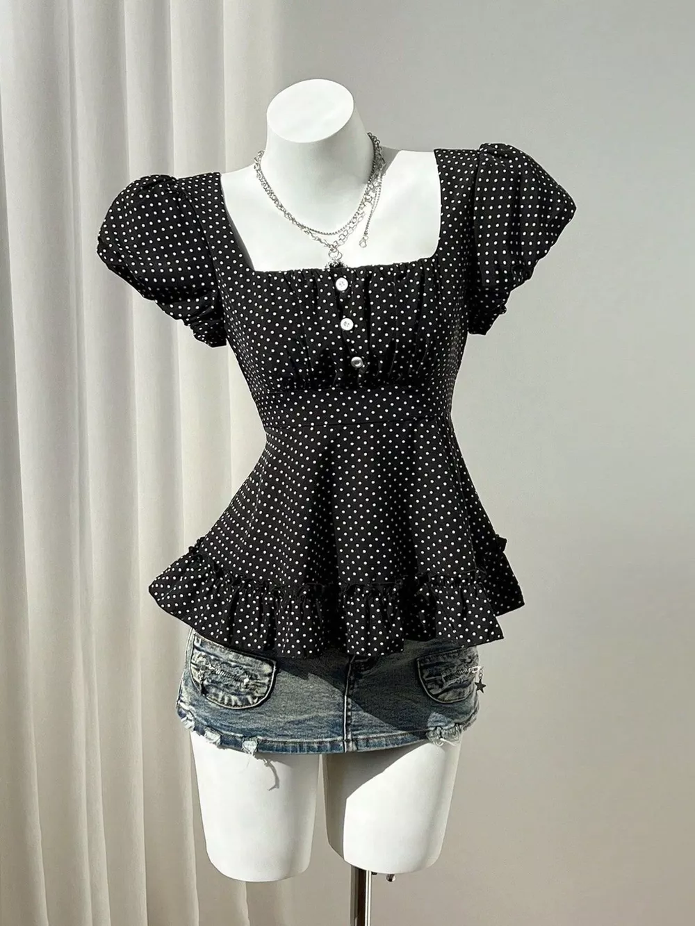 Polka Dot Square Neck Puff Sleeve Peplum Blouse, image 4