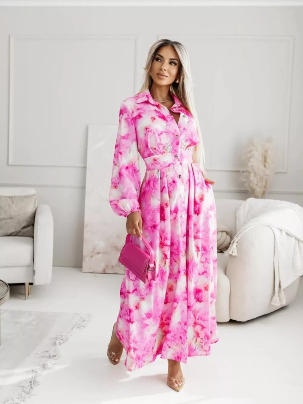 Printed Button Front Maxi Shirt Dress, image 10