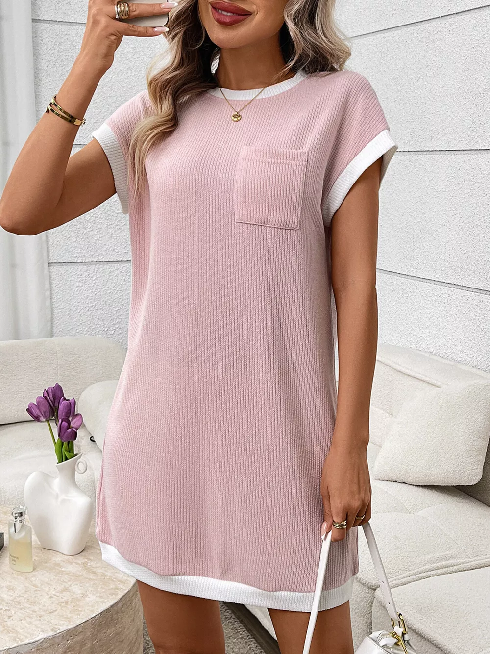 Contrast Trim Ribbed Knit Mini Dress with Pocket, image 10