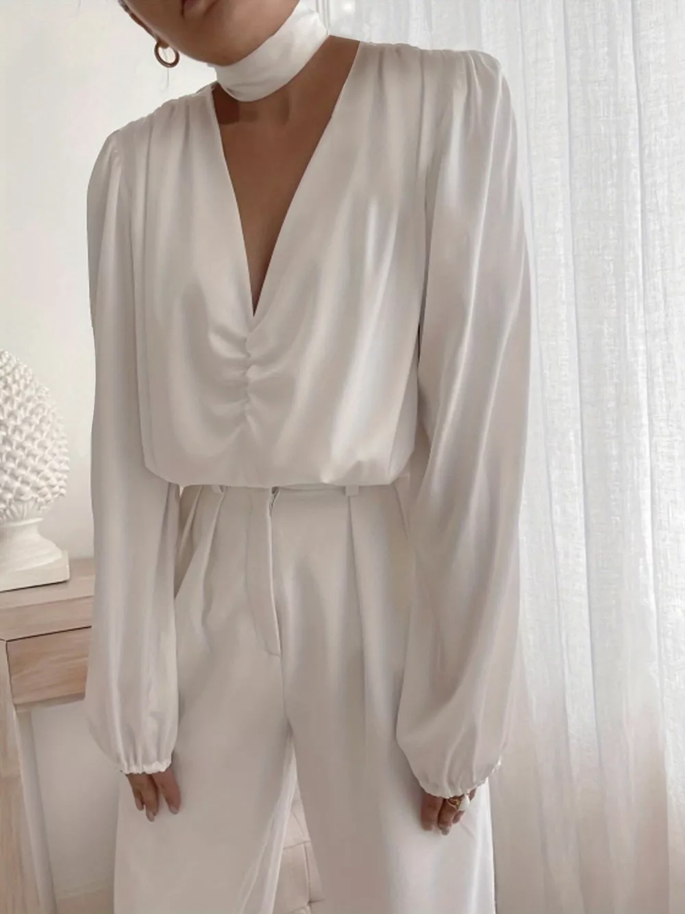 V-Neck Ruched Long Sleeve Blouse, image 4