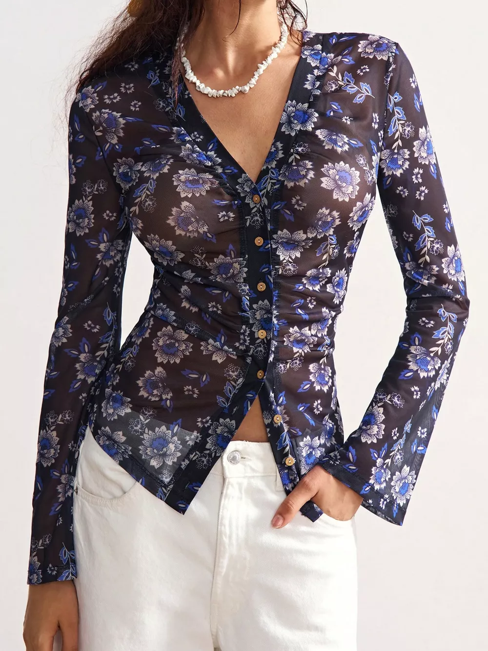 Printed Flare Sleeve Button Down Top, image 5