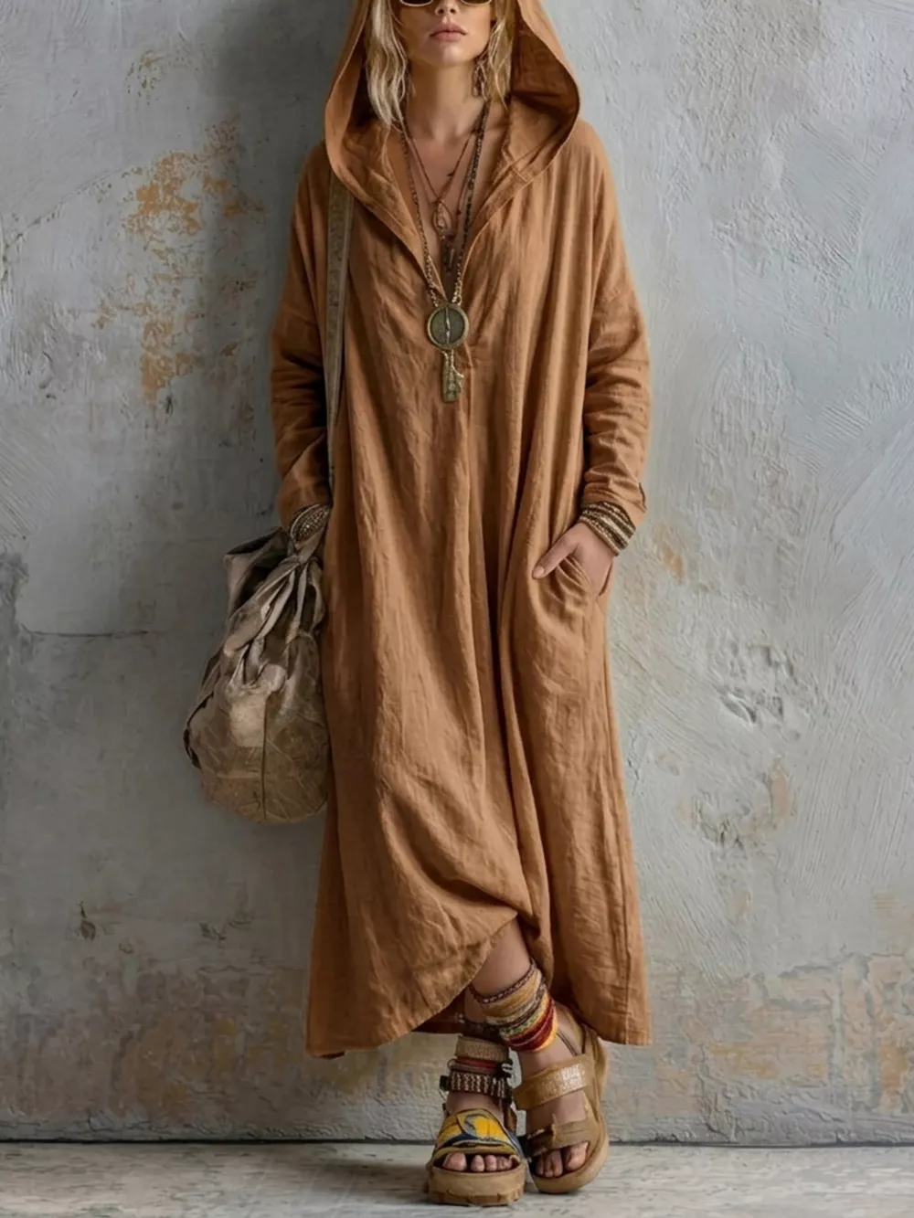 Long Sleeve Hooded Midi Dress with Pockets, image 6