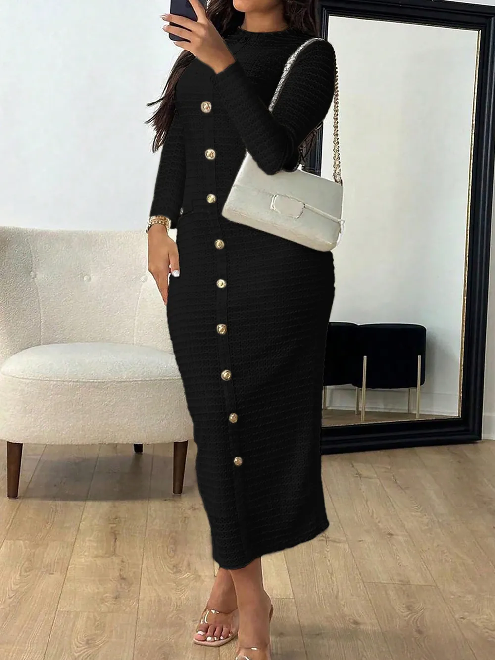 Textured Long Sleeve Midi Dress, image 5