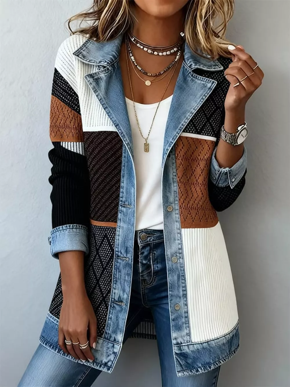 Full Size Denim Trim Ribbed Knit Jacket Plus Size, image 9