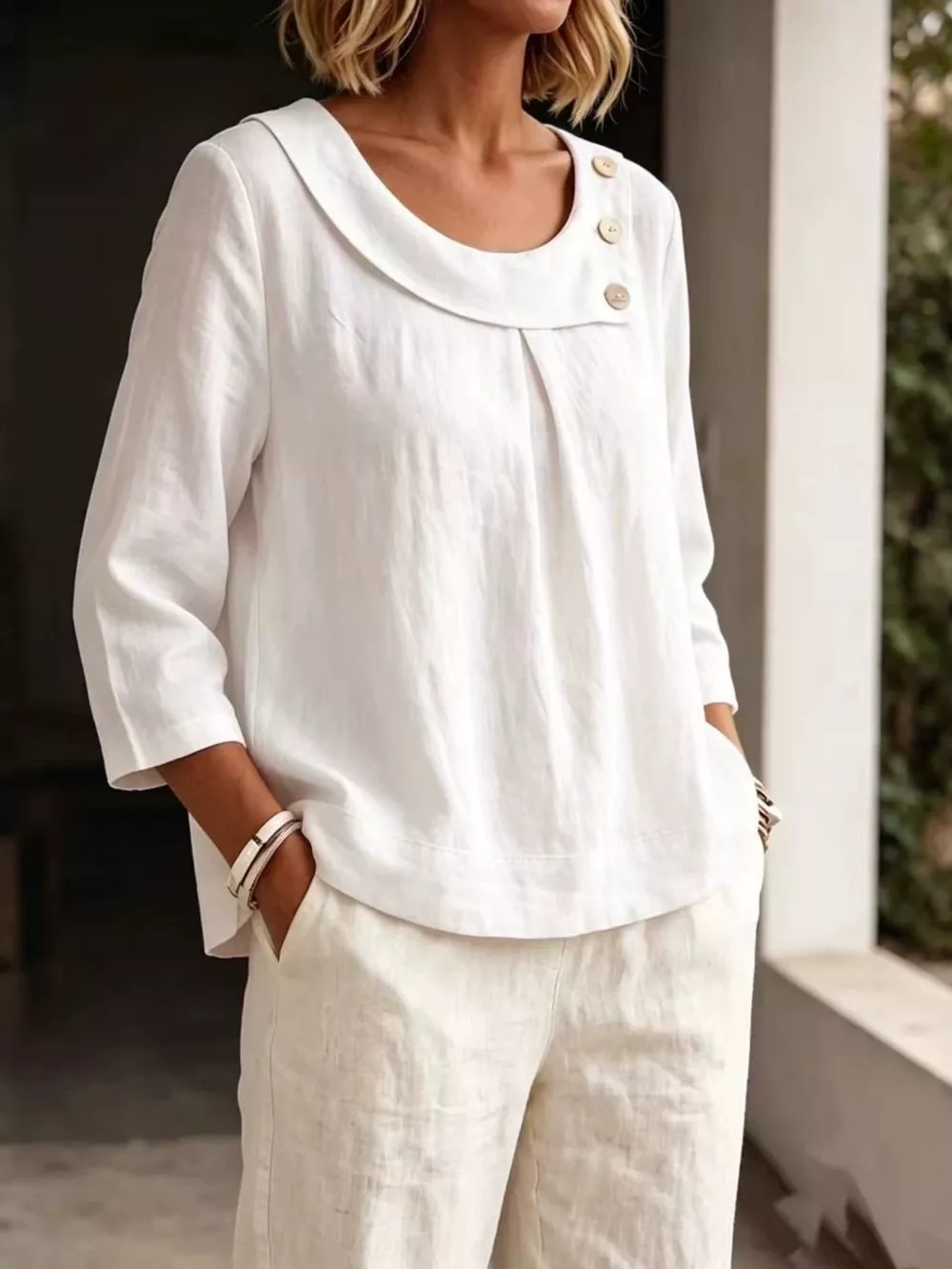 Linen Blend Blouse with Decorative Buttons, image 4
