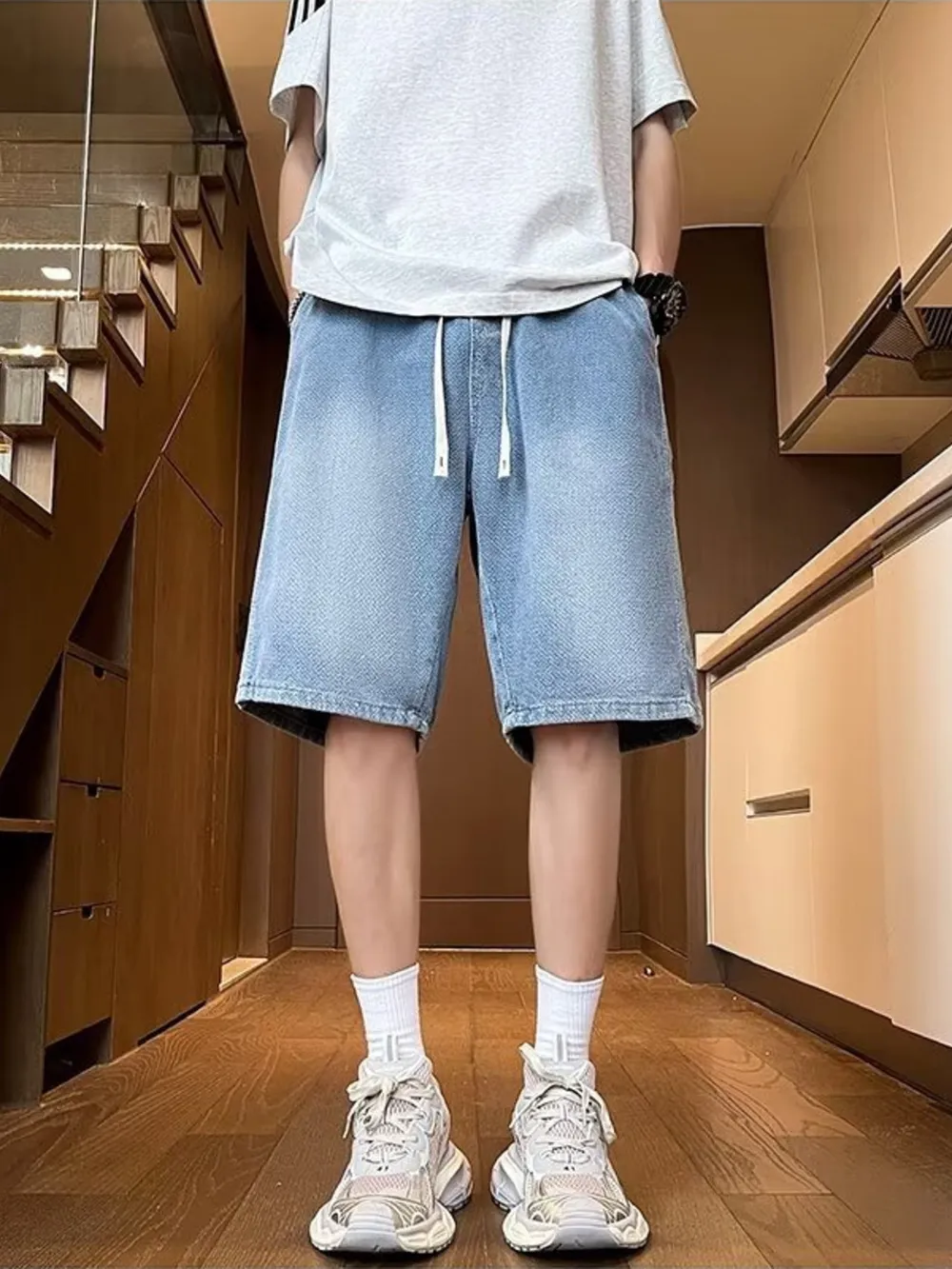 Men's Full Size Drawstring Wide Leg Denim Shorts Plus Size, image 3