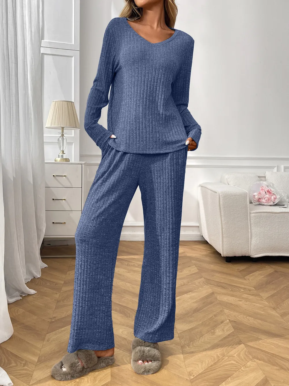 Ribbed Long Sleeve Top and Pants Lounge Set, image 2