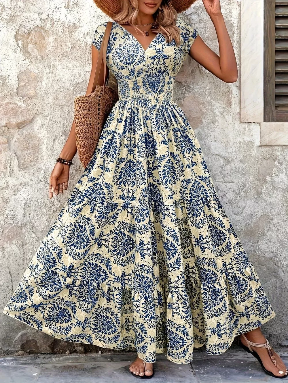Printed Cap Sleeve Maxi Dress, image 8