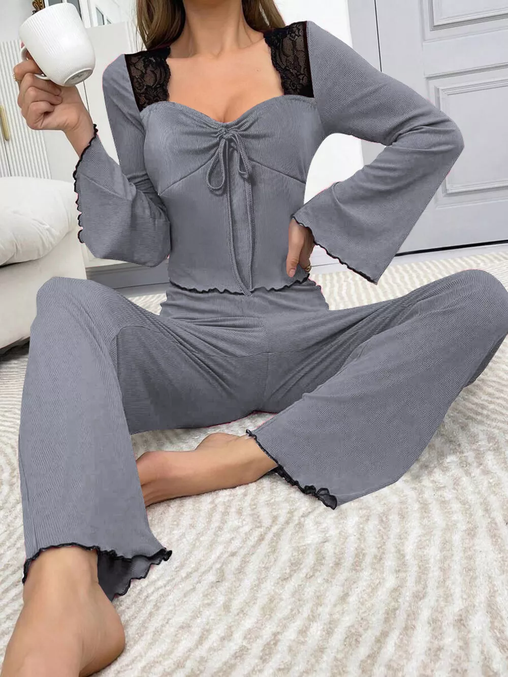 Lace Detail Flare Sleeves Top and Pants Lounge Set, image 8