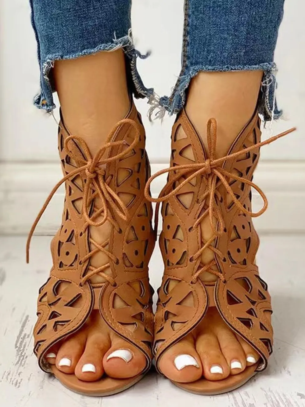 Lace-Up Geometric Cutout Sandals, image 3
