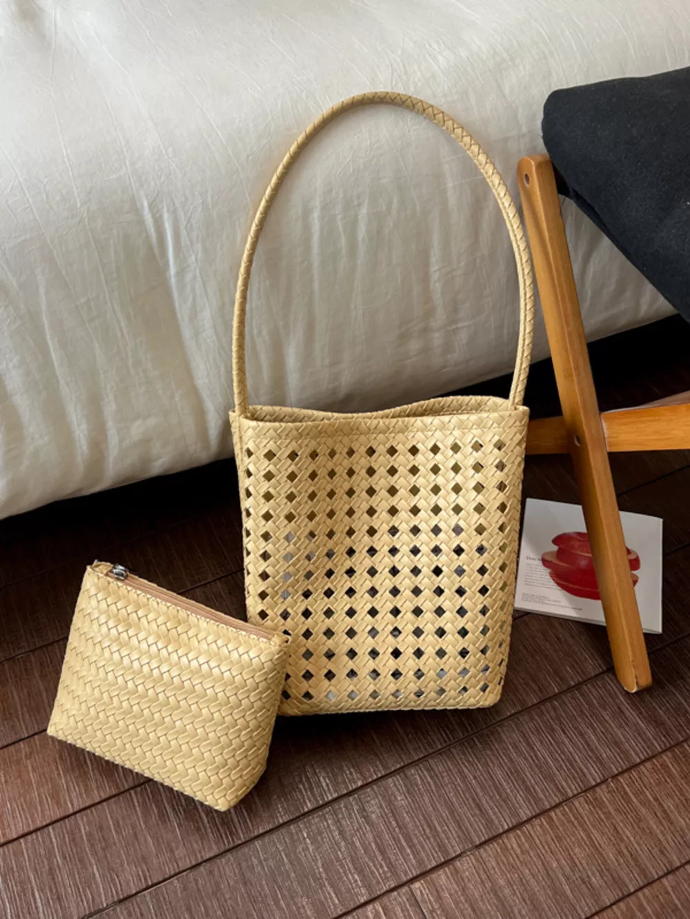 Woven Leather Handbag with Matching Pouch, image 8