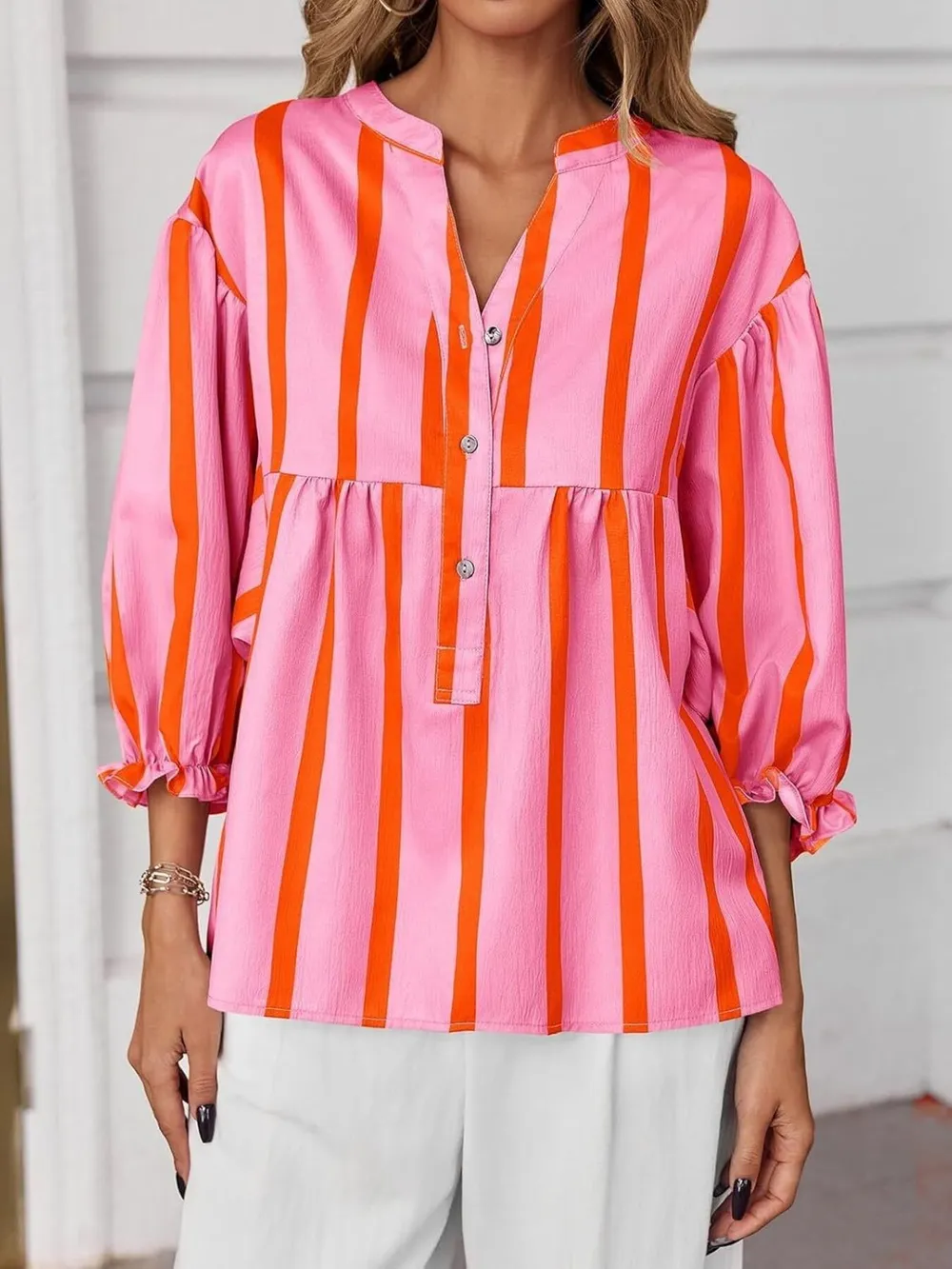 Striped Button Front Notched Blouse, image 10