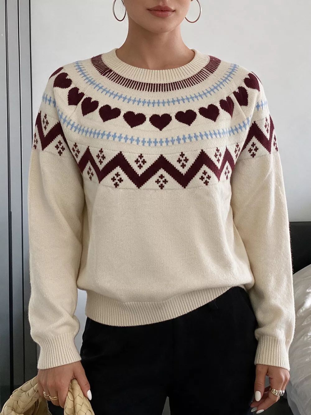 Heart-Patterned Crew Neck Sweater, image 2