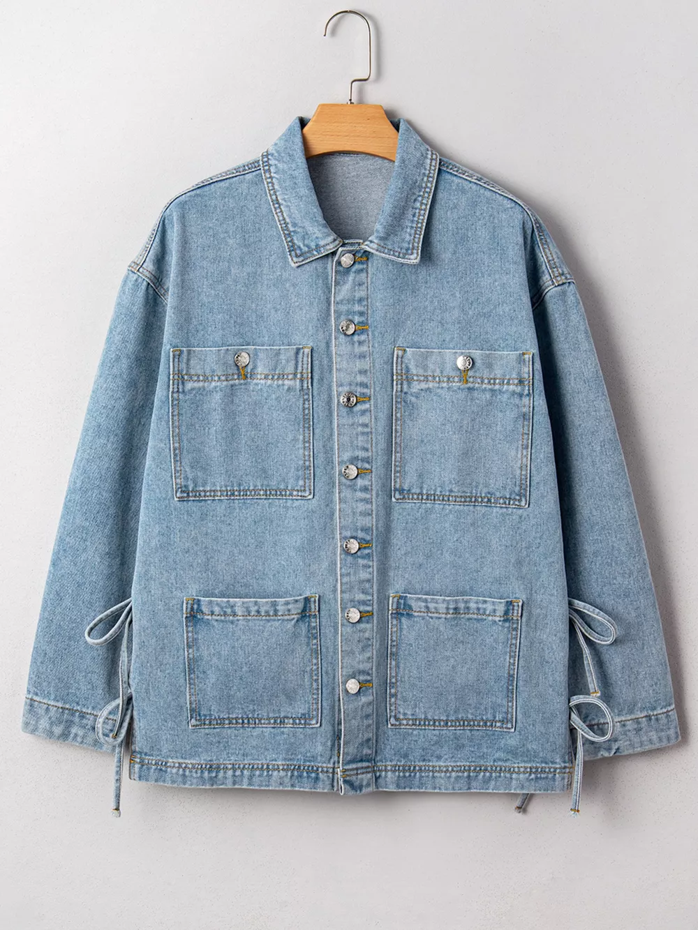 Patched Pockets Side Tie Denim Jacket, image 7