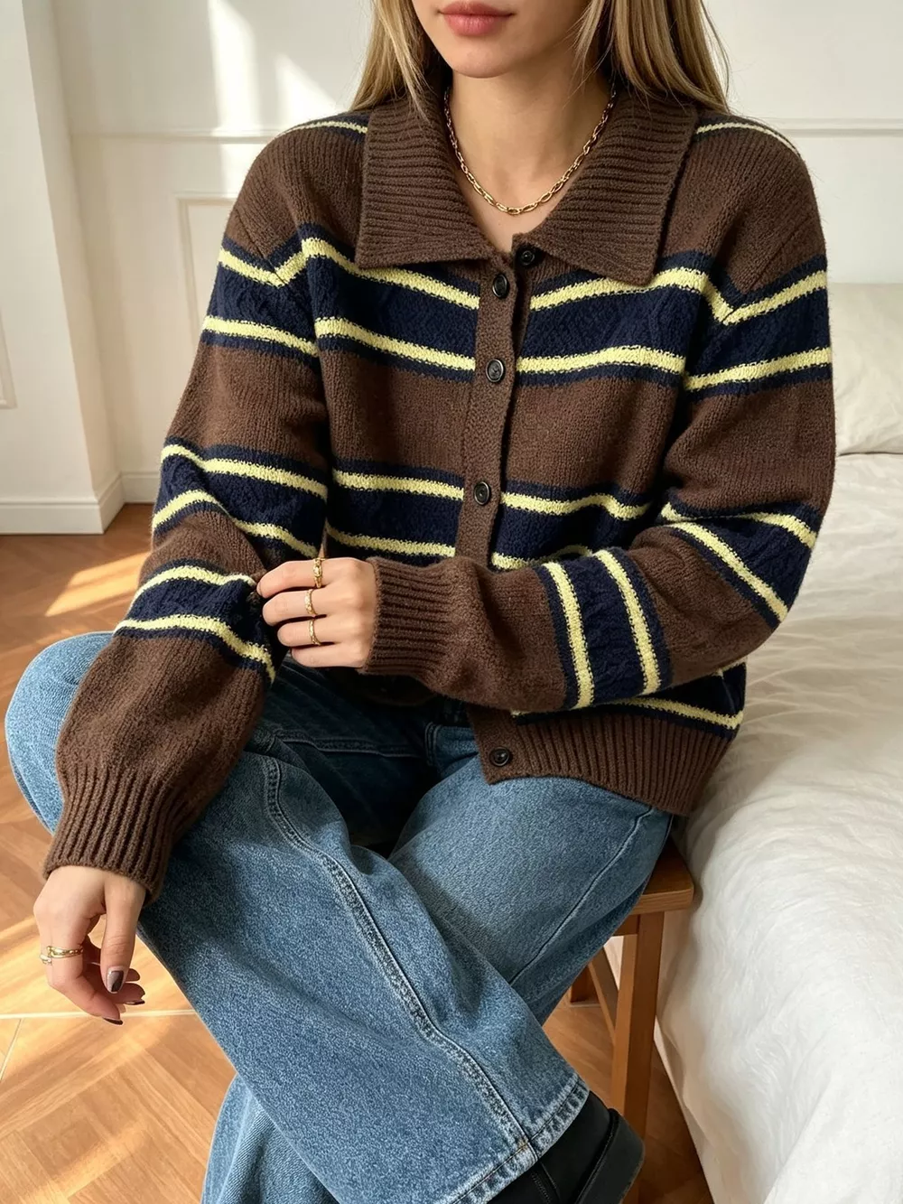 Vintage-Inspired Striped Knit Cardigan with Polo Collar, image 11