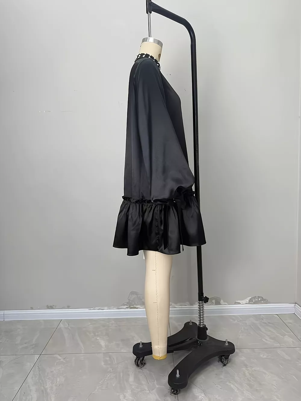 Pearl-Embellished Mock Neck Ruffle Hem Dress, image 6