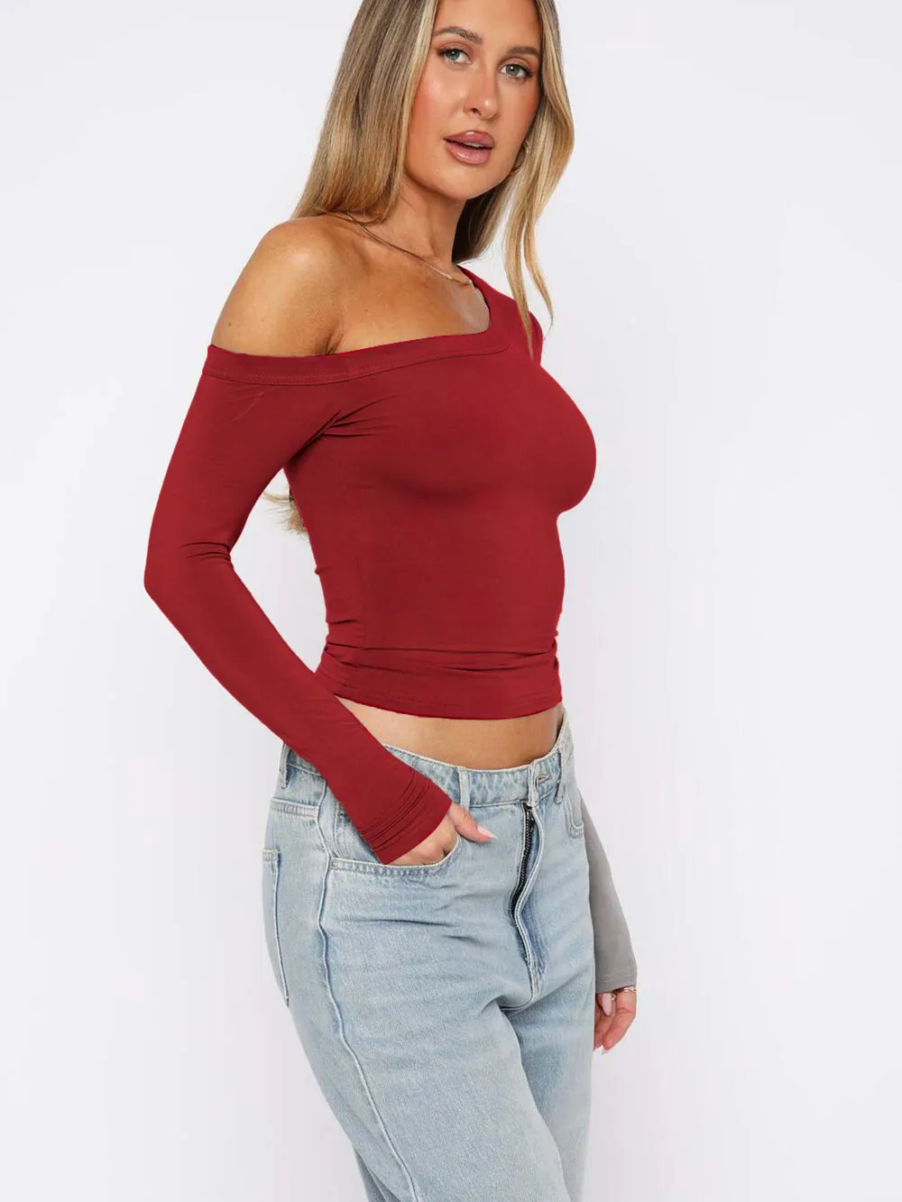 One Shoulder Long Sleeve Crop T-Shirt, image 9