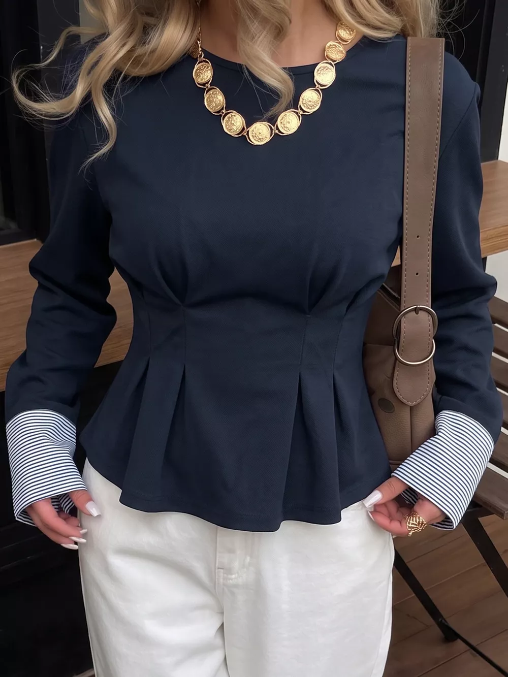 Round Neck Peplum Top with Striped Cuffs, image 2