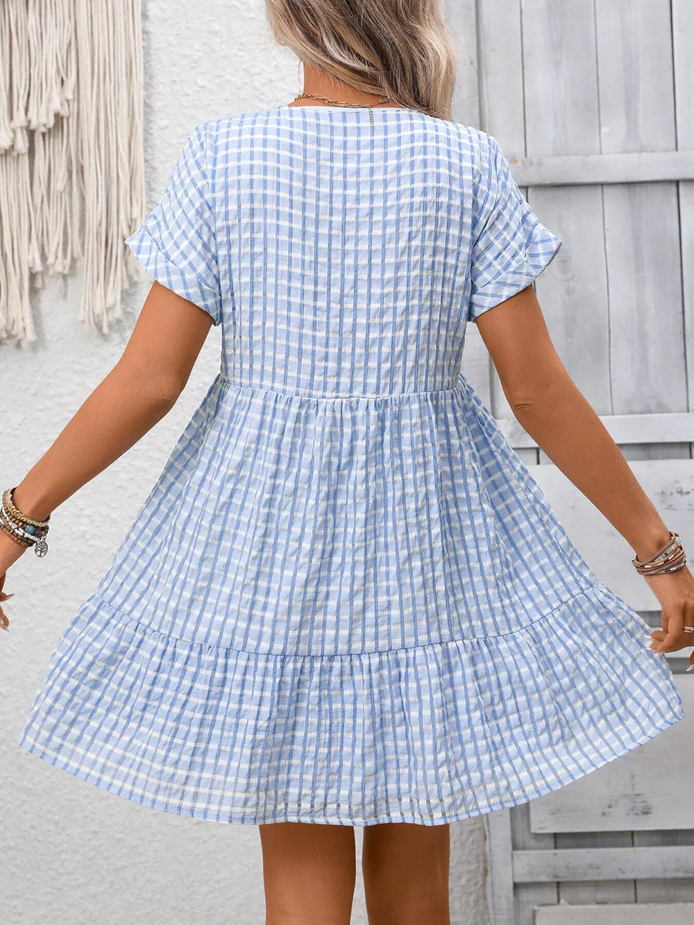 Plaid V-Neck Ruffle Hem Mini Dress, image 7