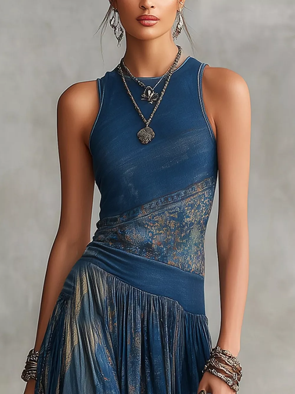 Printed Round Neck Sleeveless Maxi Dress, image 2